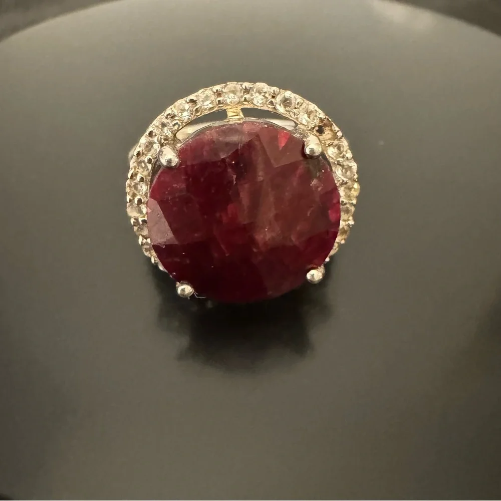 Large Faceted Ruby Sterling Silver Ring with White Topaz Halo